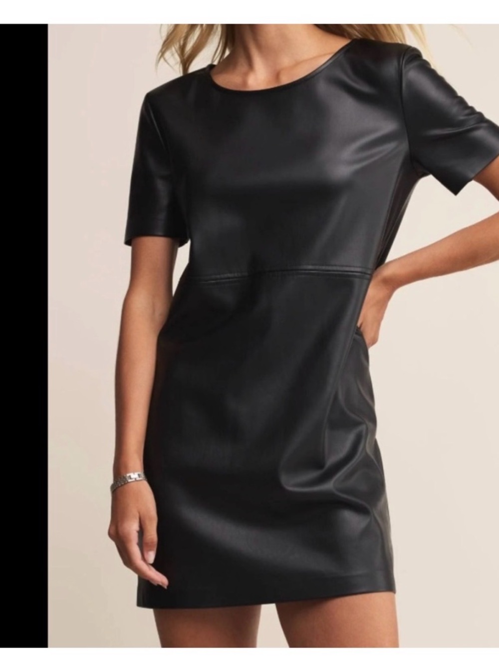 Black Faux Leather Short Sleeve Shift Dress